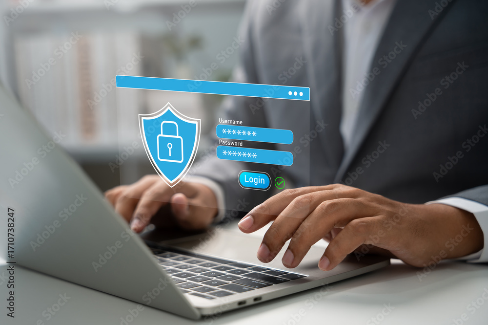 Poster cybersecurity concept, businessman typing on laptop with login interface and shield icon, representi