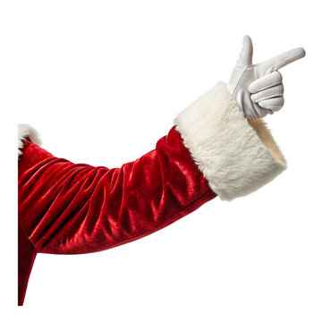 
A side-angle studio shot shows a person's arm, dressed in a Santa Claus costume, wearing a white glove and making a finger-gun gesture