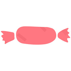 A pink, wrapped candy lies centered, horizontally oriented, with symmetrical, triangular wrapper ends, on a plain white background, flat, cartoonish style, cheerful.
