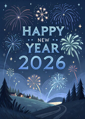 Luminous Happy New Year 2026 oil painting with glowing fireworks, silver brushstrokes, and dreamy starlight. Perfect for wallpapers, festive greeting cards, and decorative holiday artwork.