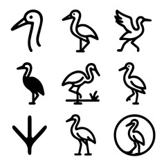 Stylized Heron Icon Set Minimalist Black and White Bird Illustrations.