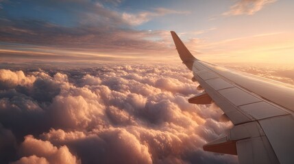 Obraz premium Airplane wing above clouds sunrise