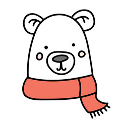 Cartoon polar bear head, white with pink cheeks, wearing a coral scarf, black outlines, simple design, cheerful mood, isolated on white.
