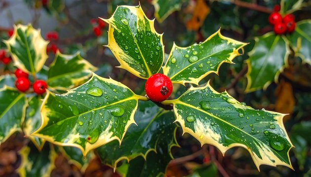 Close-up view of variegated holly leaves adorned with water droplets and vibrant red berries, showcasing a beautiful natural pattern and rich colors. - Powered by Adobe
