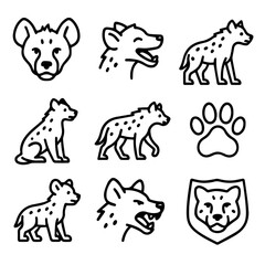 Stylized Line Art Illustrations of Various Hyena Poses and a Paw Print.