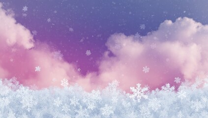 Dreamy Winter Sky with Pink Clouds and Falling Snowflakes.