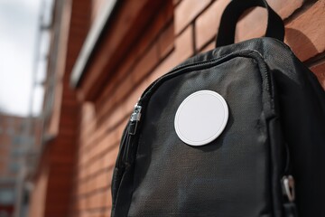 Close-up white round sticker mockup on black school backpack with blurred brick wall background for branding and design presentation