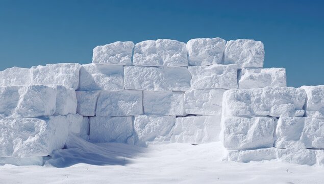 Snow blocks stacked to form a winter dwelling structure against a clear blue sky.