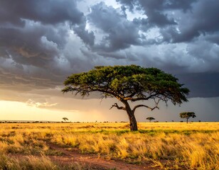 Fototapeta premium A solitary acacia tree stands tall against a dramatic sky of storm clouds at sunset, casting golden light across a vast, grassy savanna.