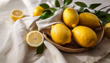 Soft Linen Tablecloth With Lemons And Natural Elements