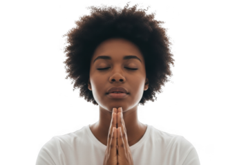 Young woman praying with eyes closed isolated on transparent background
