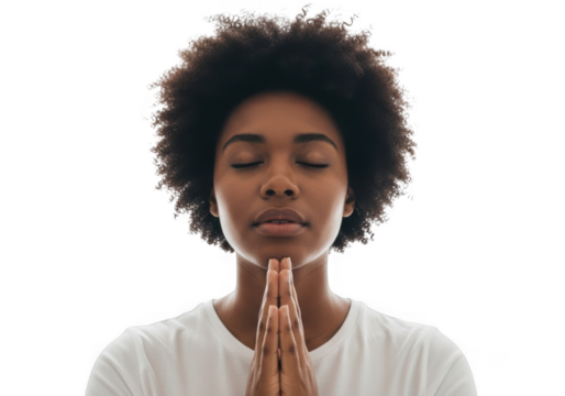 Young woman praying with eyes closed isolated on transparent background