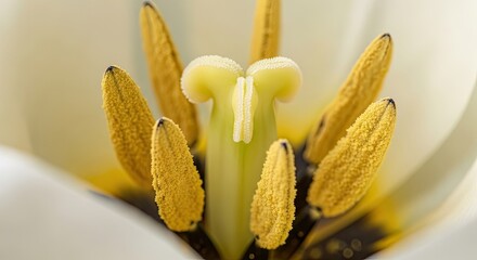 Close-up view of a white tulip's intricate pistil and stamens.