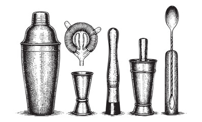 A Complete Set of Professional Bartender Tools for Mixology, Hand Drawn Vintage Vector Illustration of Bar Equipment