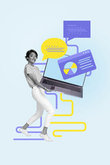 Vertical image artwork pop trend collage of minded businesswoman freelancer carry laptop diagram icon development webpage