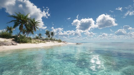 Fototapeta premium An idyllic tropical island with a white sandy beach, palm trees, and crystal clear turquoise water. A paradise scene for a summer vacation, travel, or holiday getaway.
