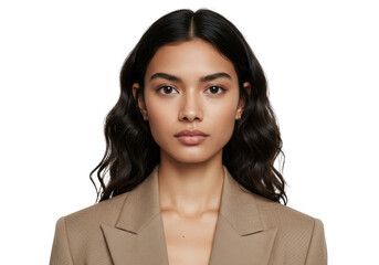 Young woman in beige blazer isolated on transparent background