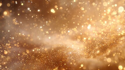 An abstract background of festive golden glitter and sparkling bokeh lights. A luxurious and magical design for a Christmas, New Year, or holiday celebration.