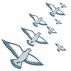A flock of stylized light blue and white doves with dark blue outlines gracefully flying in formation against a clean white background