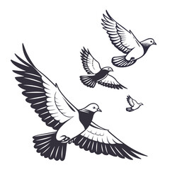 A flock of stylized doves in flight against a white background symbolizing peace and freedom