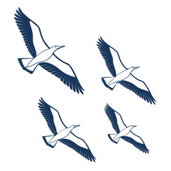 Four stylized dark blue outline drawings of birds in flight against a white background