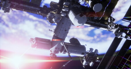 Space station in low Earth orbit is illuminated by the sunlight during sunset. Astronauts perform essential repairs while Earth is visible below, showcasing a stunning cosmic view. © icetray