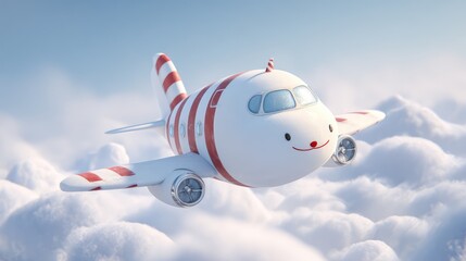 Fototapeta premium A cute 3D cartoon airplane character with a happy smiling face, flying high above the clouds. An illustration for children's travel, family vacations, or a baby shower.