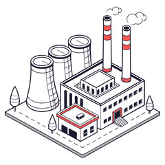 Isometric illustration of a modern industrial factory with cooling towers and smoking chimneys on a white background