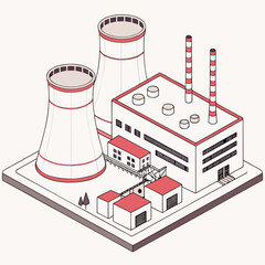 Isometric illustration of a modern industrial power plant with cooling towers and factory buildings in a clean minimalist style
