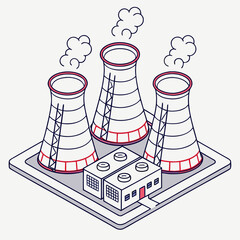 Isometric illustration of a power plant with three cooling towers emitting steam and a connected industrial building