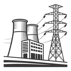 Stylized illustration of a power plant with cooling towers and a transmission tower connected by power lines