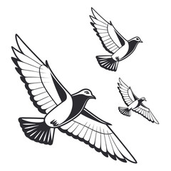 Three stylized black and white pigeons in flight with wings spread wide against a white background
