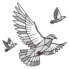 Three stylized doves in flight with geometric shapes and grayscale tones against a white background