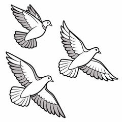 Three stylized white doves with gray wing details flying gracefully in different directions against a white background