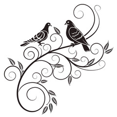 Two elegant black silhouette doves perched on a swirling vine with leaves against a white background