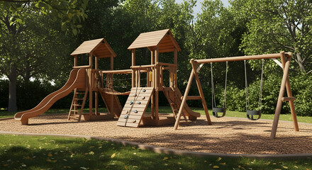 Wooden Playground Structure with Swings and Slide for Outdoor Fun