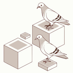 Two stylized pigeons stand on isometric cubes against a plain background with a minimalist artistic style