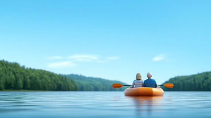 Senior couple paddling orange boat on calm lake, enjoying peaceful nature and clear blue sky