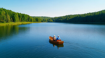 Senior couple wooden boat lake summer peaceful nature happiness outdoor