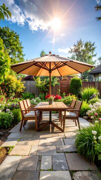 Outdoor patio dining area under a sun umbrella