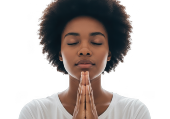 Young black woman praying with eyes closed isolated on transparent background