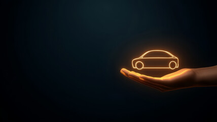 Glowing hand holding car silhouette, futuristic, safety, technology, dark background