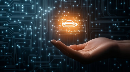 Glowing hand, car symbol, digital, technology, futuristic, innovation, blue background