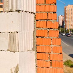 Construction detail showing a wall of bricks and blocks