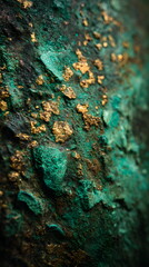 Weathered copper with verdigris and gold flecks, macro detail, ancient metal surface