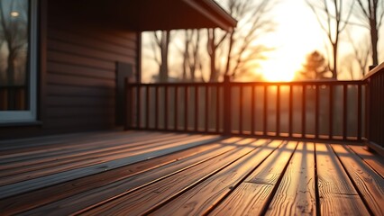 Wooden deck at twilight with a warm ambient glow and serene atmosphere.
