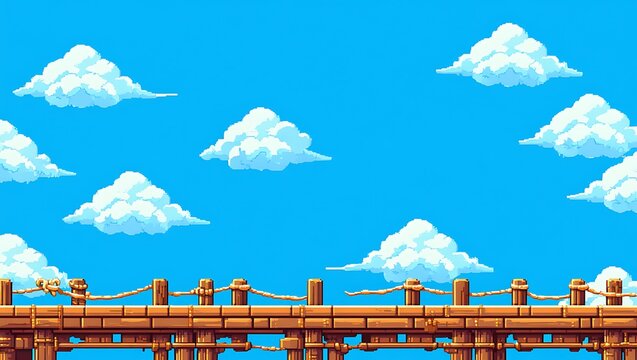 Pixel art serene blue sky landscape with fluffy white clouds and wooden bridge