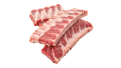 Fresh pork ribs stacked on top of each other on a transparent background.
