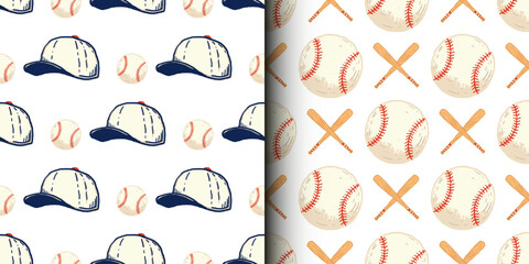 Baseball sport, American football, seamless pattern. Softball, bat, and glove, baseball cap design gift wrapping paper, cover, poster, labels isolated background.