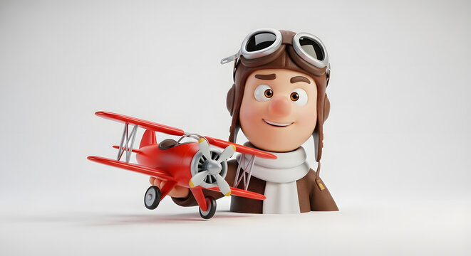 Whimsical 3D pilot character ready for a flight of fancy with a vintage red toy airplane